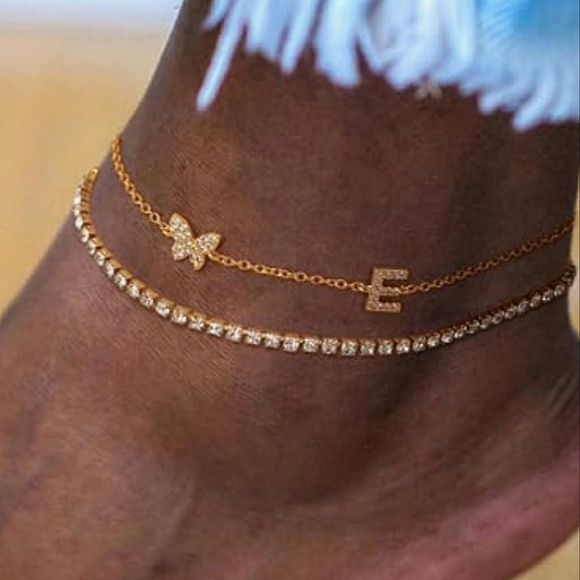Kenivira 18K Gold Plated Layered Anklet w/E Initial and CZ Butterfly Charm 8-10" - Picture 1 of 6